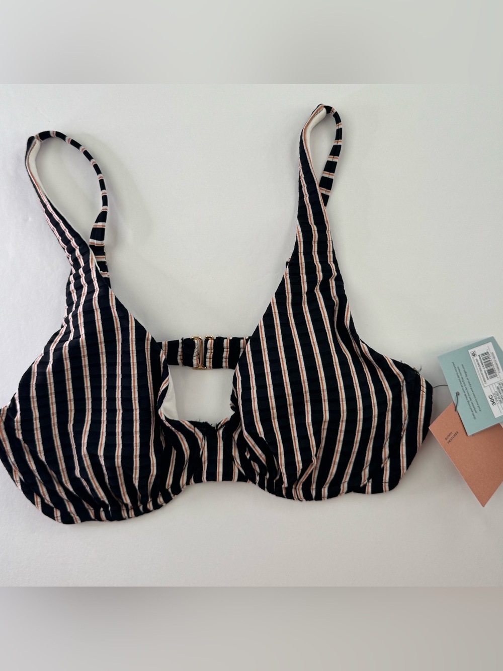 Shade & Shore Black and Pink Striped Bikini Top with Front Clip